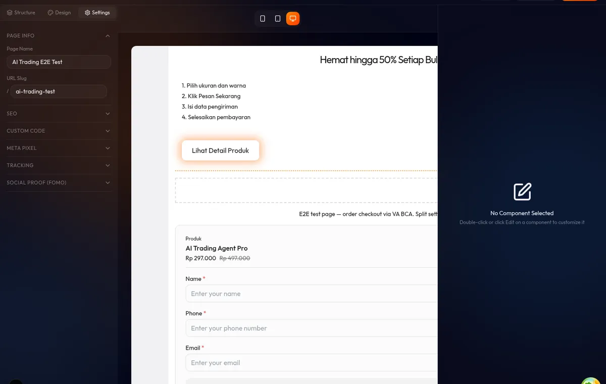 Order form lead capture minimalis — hanya field nama, email, HP, kolom catatan opsional, dan tombol Daftar; tanpa foto produk atau summary