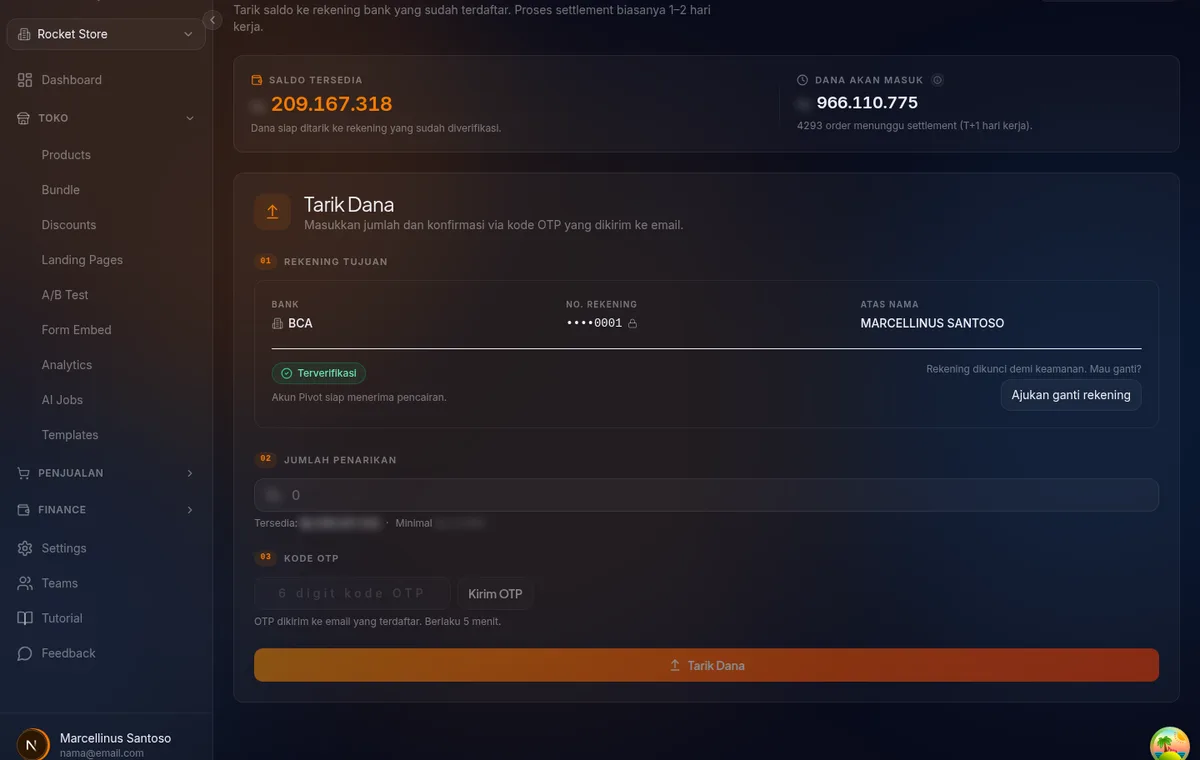 /finance/withdraw — field Kode OTP terisi dan tombol Tarik Dana siap disubmit